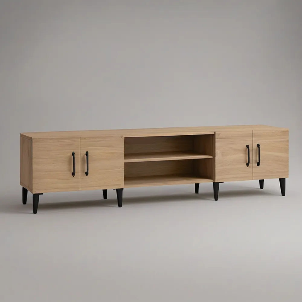 Móvel de TV em MDF Folheado a Carvalho Natural com Pés Pretos, 180 x 40 x 55 cm