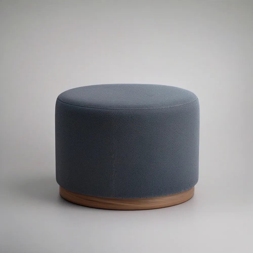 Pufe Redondo em Poliéster Azul-Cinzento com Base em MDF Efeito Nogueira 50 x 50 x 40 cm
