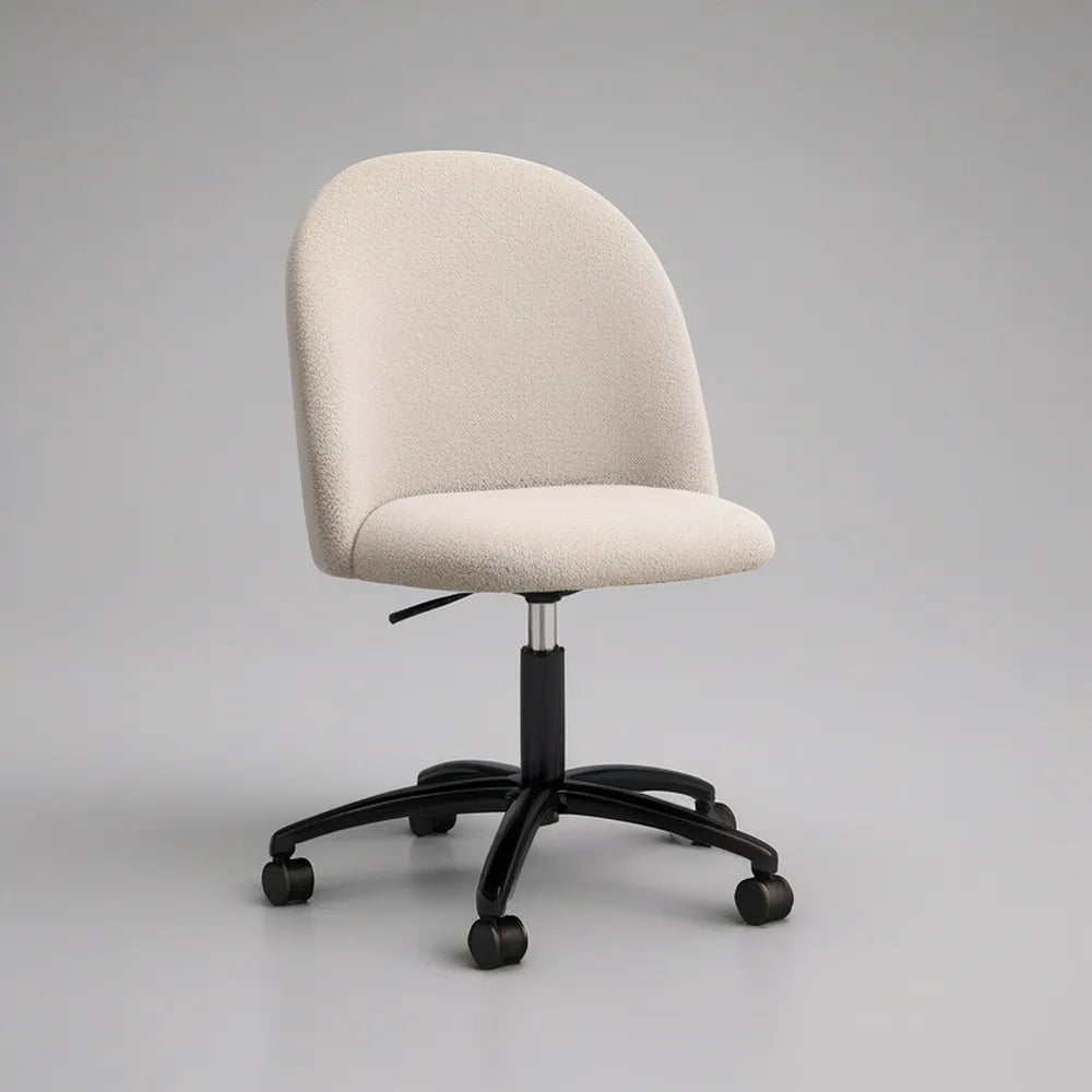 Cadeira giratória de escritório em tecido bouclé bege com base preta, 58 x 58 x 82-92 cm