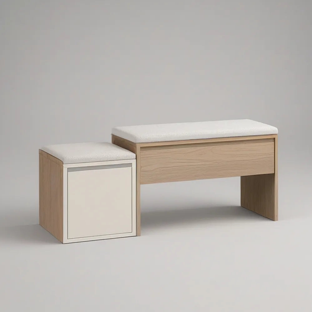 Conjunto de 2 Bancos com Arrumação em Carvalho Claro e Branco, 100 x 40 x 50 cm e 40 x 40 x 45 cm