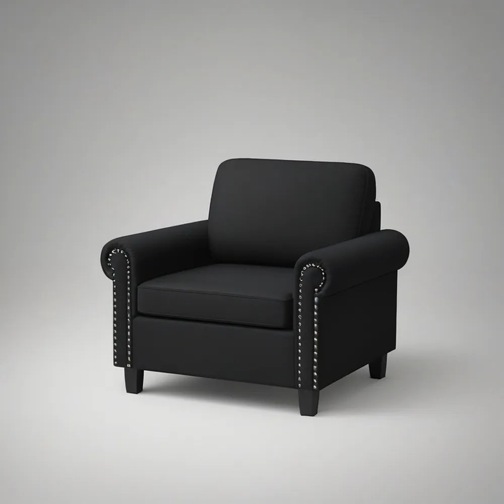 Poltrona Clássica em Couro Sintético PU Preto com Tachas Prateadas, 90 x 85 x 92 cm